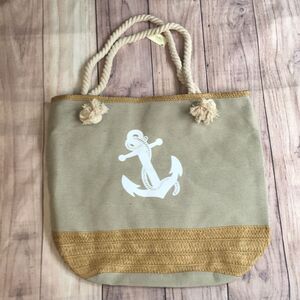 New! Anchor Print Rope Handle Canvas & Straw Beach Tote Bag